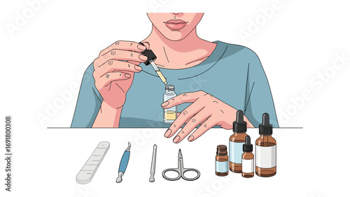 Woman applying cuticle oil to fingernails with dropper alongside manicure tools and essential oil bottles for nail care