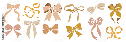 Gold decorative ribbon bows set. Holiday sign collection. Ribbon symbol, accessory logo, cut files. Vector outline illustrations isolated on transparent background.