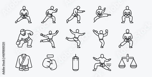 Karate Martial Arts Training Icons Set on Isolated White Background