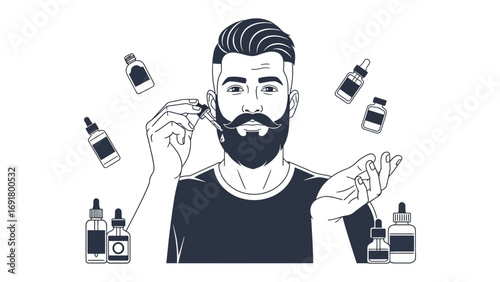 Stylish bearded man grooming his beard with precision tools and various beard care products surrounding him in a clean illustration