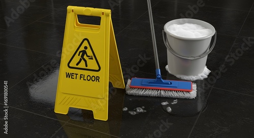 Wet floor sign and cleaning supplies