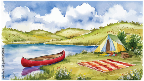Serene lakeside camping scene with canoe tent and sleeping bags serene nature getaway