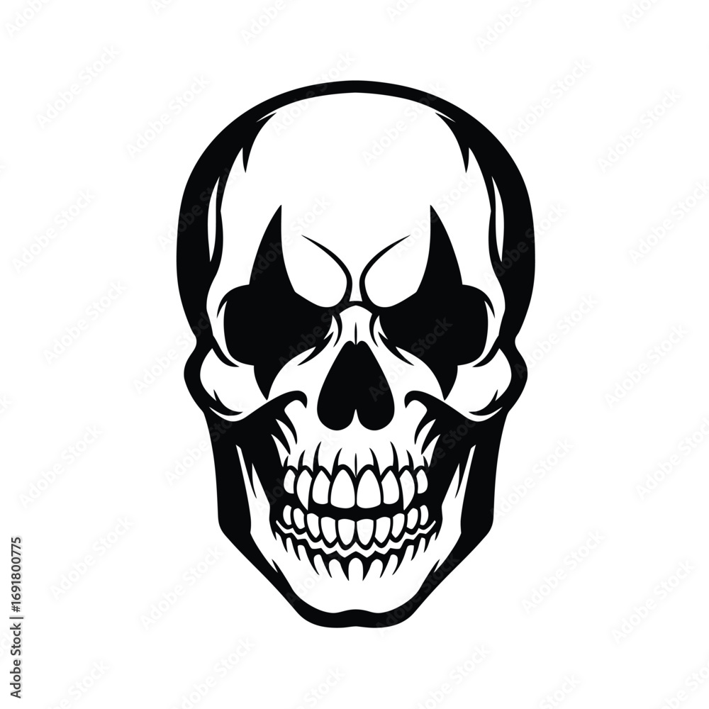 Fototapeta premium Black skull with sharp teeth and eye sockets white
