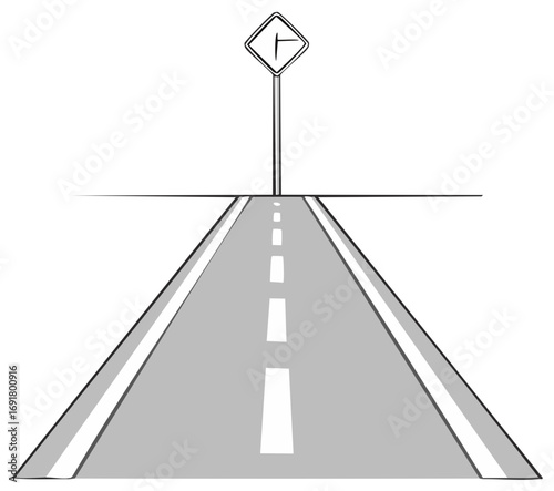 Illustration of a straight road with a turn sign showing a right turn ahead, drawing style