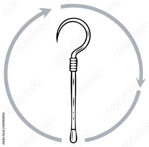 Stylized Sketch of an Anthropomorphic Walking Cane or Hook in a Repeating Cycle, Revolving in a Circular Pattern, Rotation