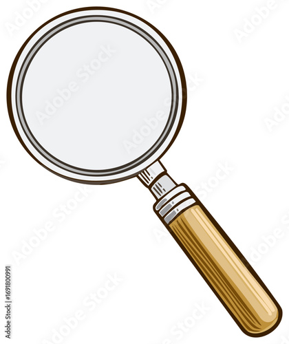 Cartoon magnifying glass illustration with wooden handle for search and research concepts