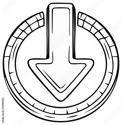 Simple black and white arrow icon pointing downwards inside a circular outline