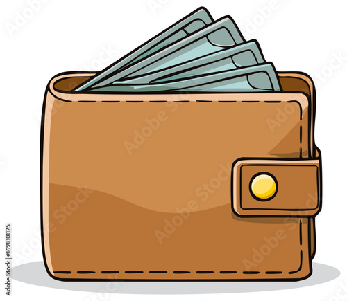 Cartoon illustration of a brown wallet overflowing with cash banknotes symbolizing financial success
