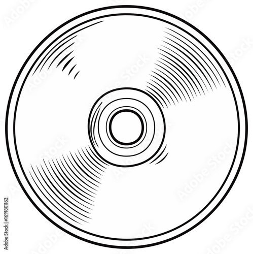 Circular CD optical disc with grooved surface detail and concentric rings for data storage