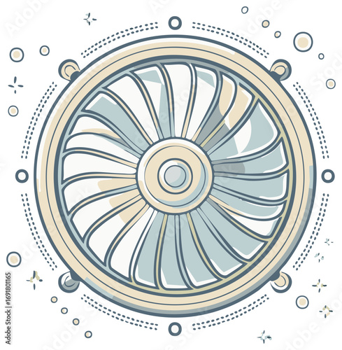 Stylized jet engine turbine illustration with fan blades and mechanical details
