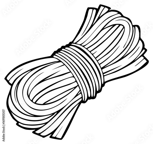 Monochrome line art illustration of a tied bundle of uncooked fettuccine pasta