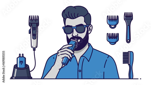 Stylish bearded man with sunglasses using an electric beard trimmer and grooming kit accessories for personal care and hygiene