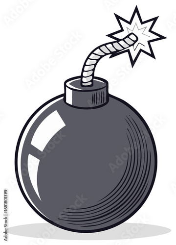 Classic Cartoon Bomb with a Burning Fuse, Round Black Bomb Vector Illustration