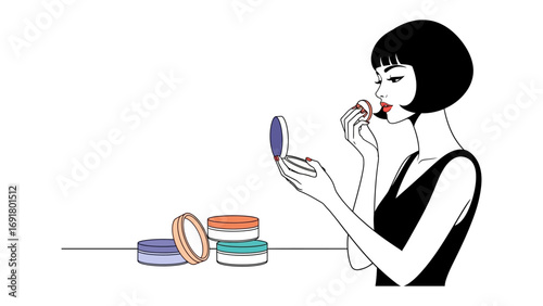 Elegant vintage woman with bob haircut applying lipstick while looking in a compact mirror surrounded by makeup products on a table
