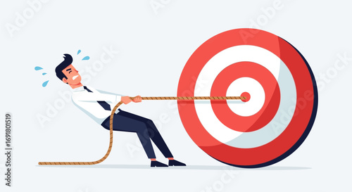 Businessman struggling to pull target with rope.
