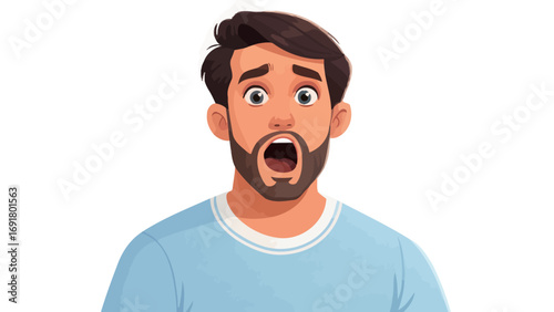 Man with brown hair and beard wearing a blue shirt with a surprised expression and open mouth visible | editable eps vectors