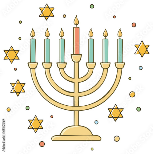 Holiday Menorah with Star of David and festive confetti Celebrate Jewish tradition