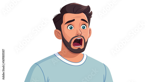 Man with beard and blue shirt displaying surprised expression with wide eyes and open mouth illustration | editable eps vectors