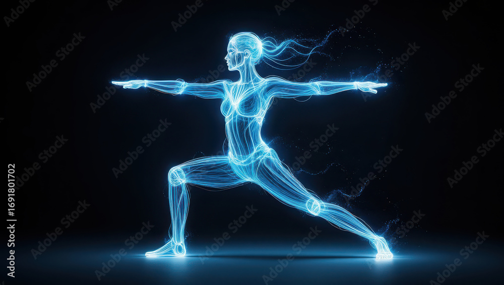 Fototapeta premium Glowing blue human anatomy silhouette in warrior ii yoga pose