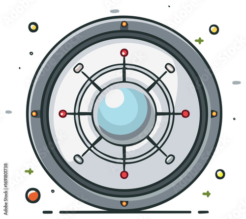 Stylized, round, abstract design with circles, lines, and accents