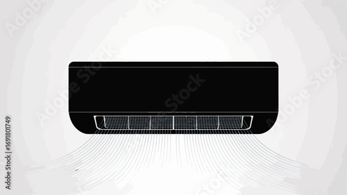 Illustration of a sleek black air conditioner unit blowing cool air in a minimalist design setting indoors | editable eps vectors