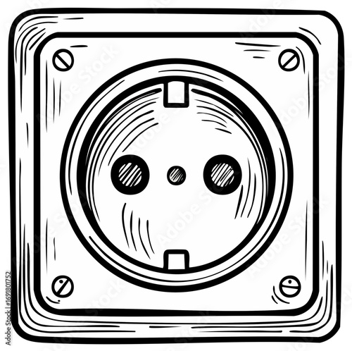 Hand-drawn electrical outlet, close-up on square frame, screw detail, black and white