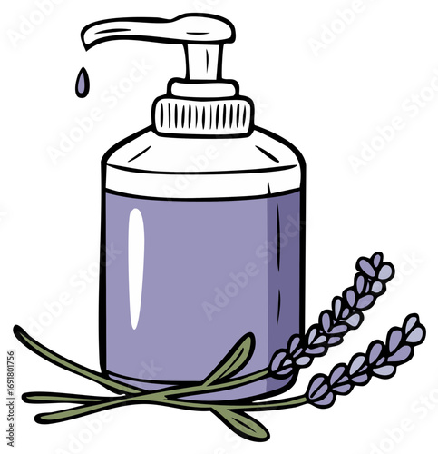 Hand drawn purple lotion bottle with lavender sprigs and dispensing liquid drop