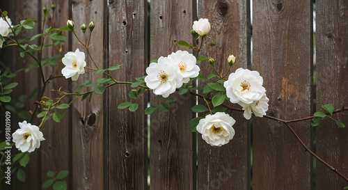 White climbing roses on wooden fence
