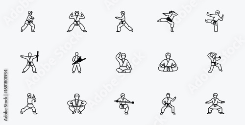 Martial arts poses and stances in line art style collection