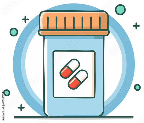 Stylized illustration of a blue pill bottle with orange cap and capsules graphic for health and wellness concepts