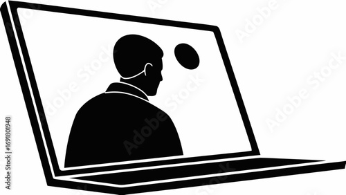 Silhouette of a person on a laptop screen with a dark circle in the upper right corner of screen | editable eps vectors