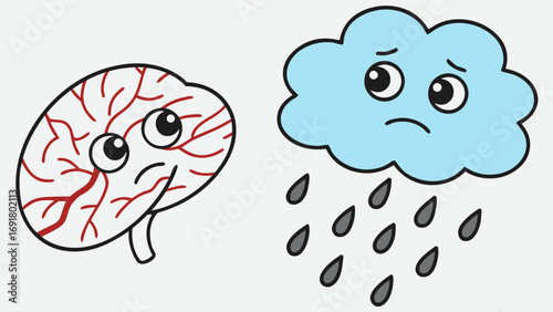Cartoon image showing a sad brain with red veins and a sad cloud raining drops on a white background | editable eps vectors