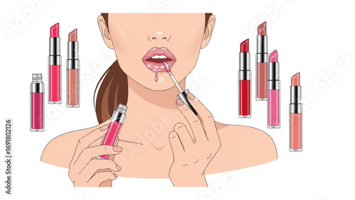 Close up of a woman s mouth applying vibrant pink lipstick with multiple tubes of lip gloss and lipstick surrounding her face