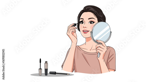 Young woman applying mascara to her eyelashes while holding a handheld mirror and looking at her reflection with a smile