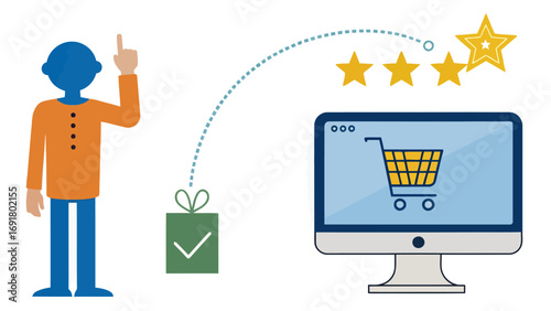 Man pointing to stars above computer screen showing shopping cart and gift box with checkmark design | editable eps vectors