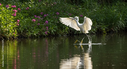 White heron landing on water
