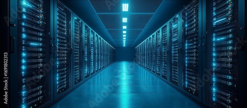 A server room with many rows of data center equipment