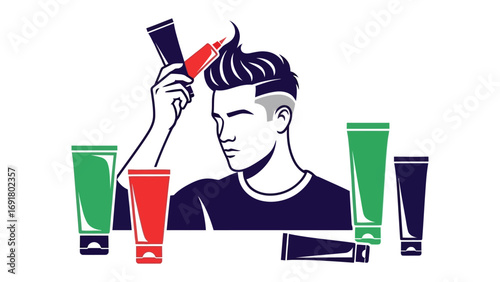 Stylish young man with a modern haircut using a comb and surrounded by various hair styling product tubes in a clean white background illustration