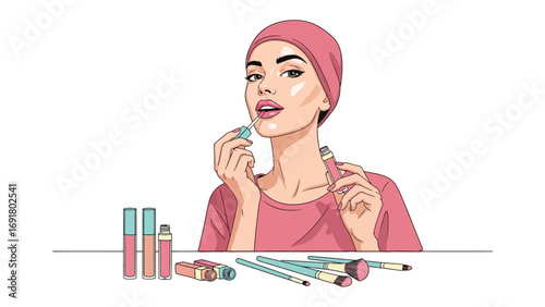 Young woman applying lipstick with a makeup brush and various cosmetics laid out on a table in a vibrant pop art illustration style