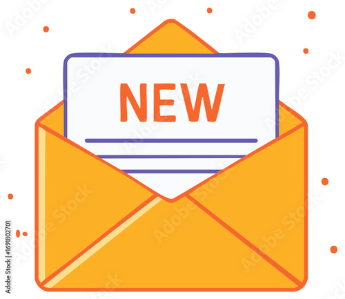 Illustration of an open envelope with the word NEW displayed on a document