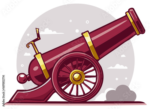 Antique Maroon Cannon Vector Illustration Wheels and Smoke Power Warfare Military  Medieval