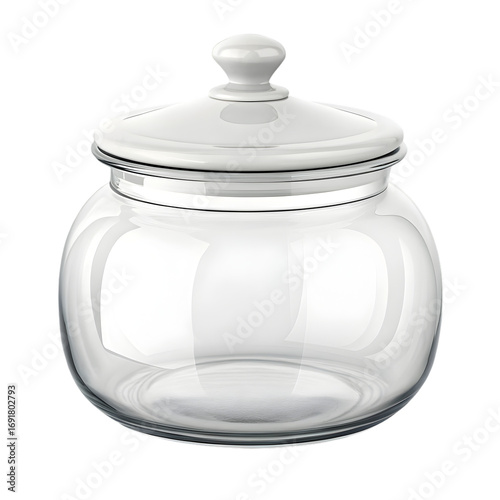 3D clear glass jar with matte white ceramic lid, single jar isolated