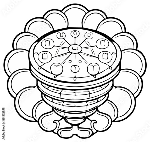 Elaborate fantasy machine with a central dial and symmetrical decorative pattern line art