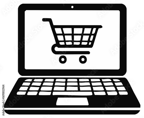E-commerce concept icon with a shopping cart on a laptop screen symbolizing online shopping and digital retail