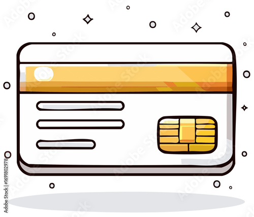 Modern credit card with gold stripe and chip detail isolated in a clean graphic style