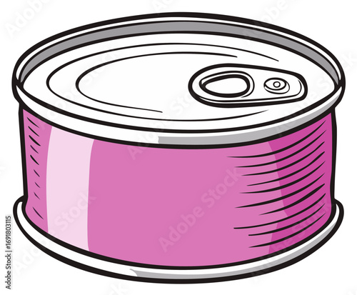 Metal Food Tin with Pink Label, Round Silver Steel Container, Preserved Food