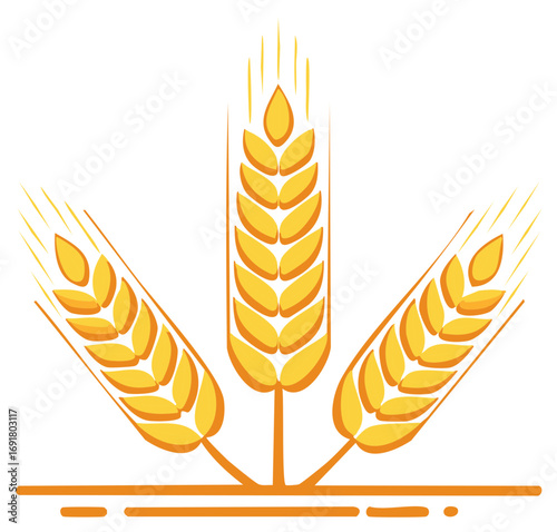 Three abstract wheat plant illustration, agricultural harvest symbol, gold color