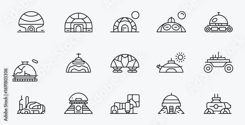 Set of linear vector icons of futuristic and space structures
