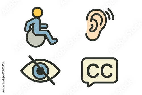 Accessibility icons set. Wheelchair for mobility impairment, deaf and hard of hearing symbol, blind and low vision icon, and closed captions sign for user interface design.