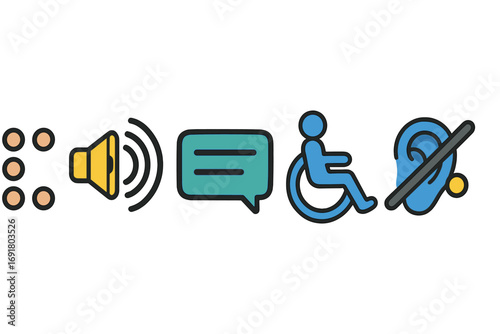 Accessible technology icon set for disability and inclusion. Vector symbols for braille, audio guide, captions, wheelchair user, and hearing impaired support concepts.